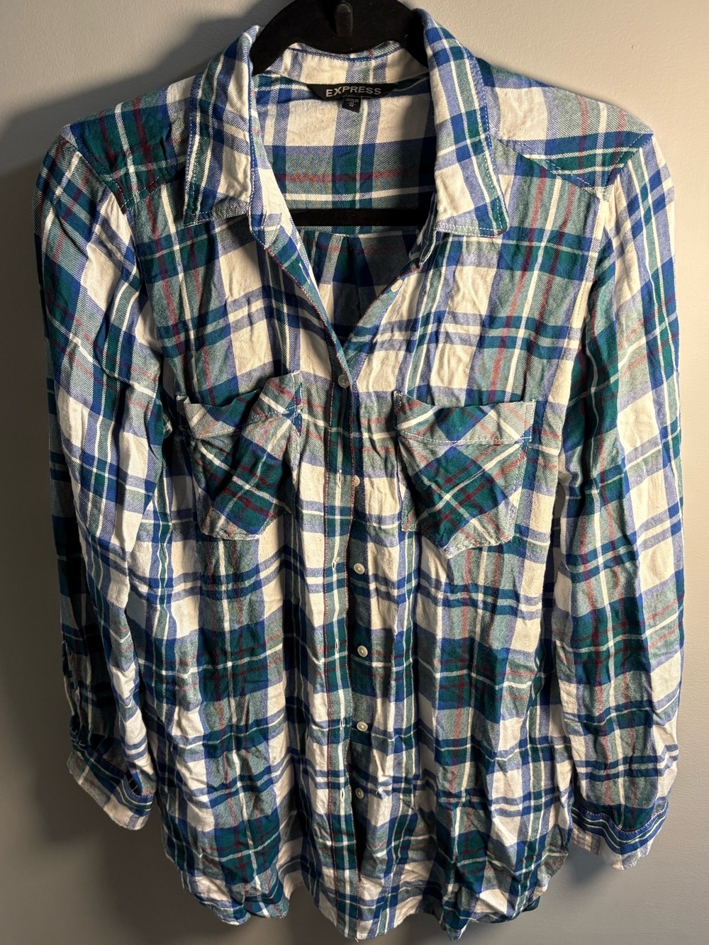 Express Oversized Women’s Blue, White & Green Plaid Button-Down Shirt